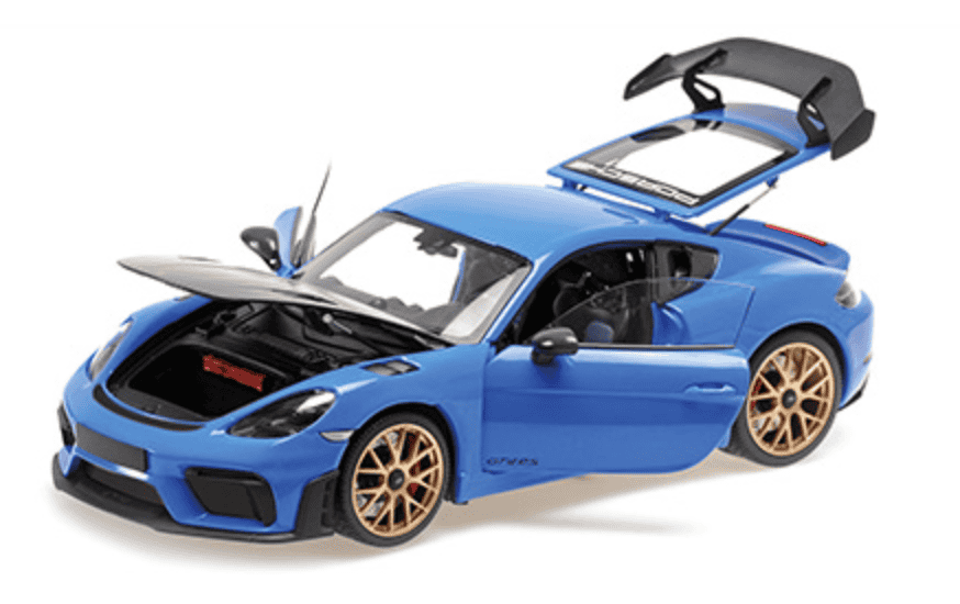 PORSCHE CAYMAN GT4 RS – 2024 -BLUE W/ WEISSACH PACKAGE MINICHAMPS 1/18
