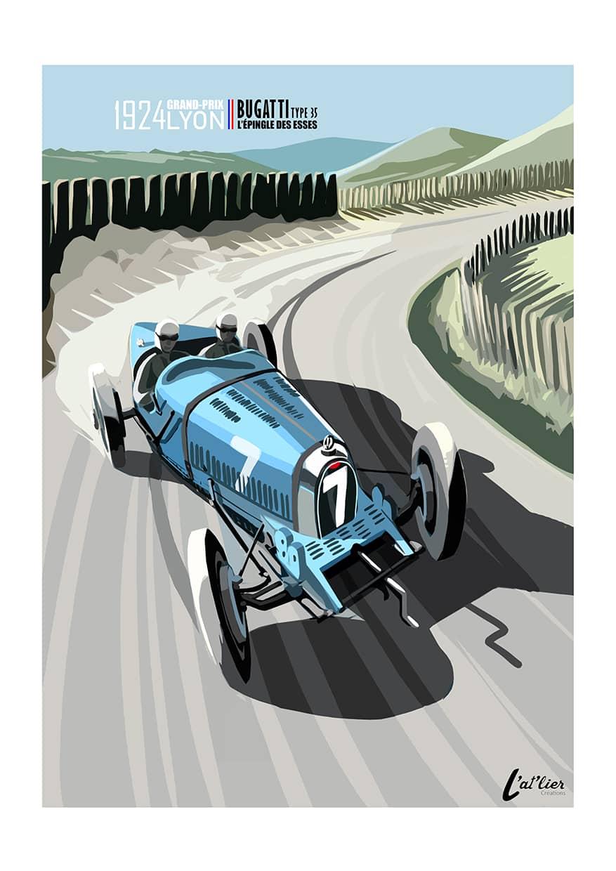 AFFICHE BUGATTI TYPE 35 "L'EPINGLE DES ESSES" 1924 L'AT'LIER CREATIONS
