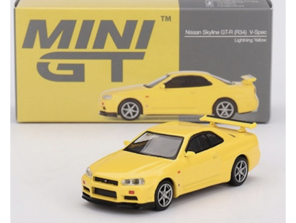 NISSAN Skyline GT-R (R34) VSPEC Lightning Yellow 1999 RHD MINI GT 1/64