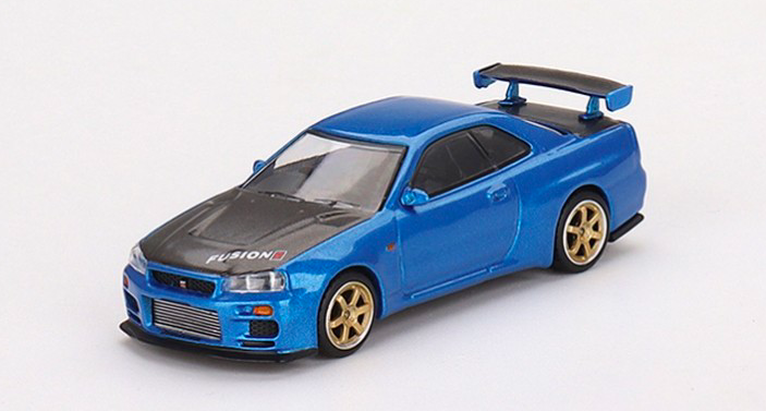 NISSAN SKYLINE GT-R (R34) TOP SECRET BAYSIDE BLUE RHD 2002 - MINI GT 1/64