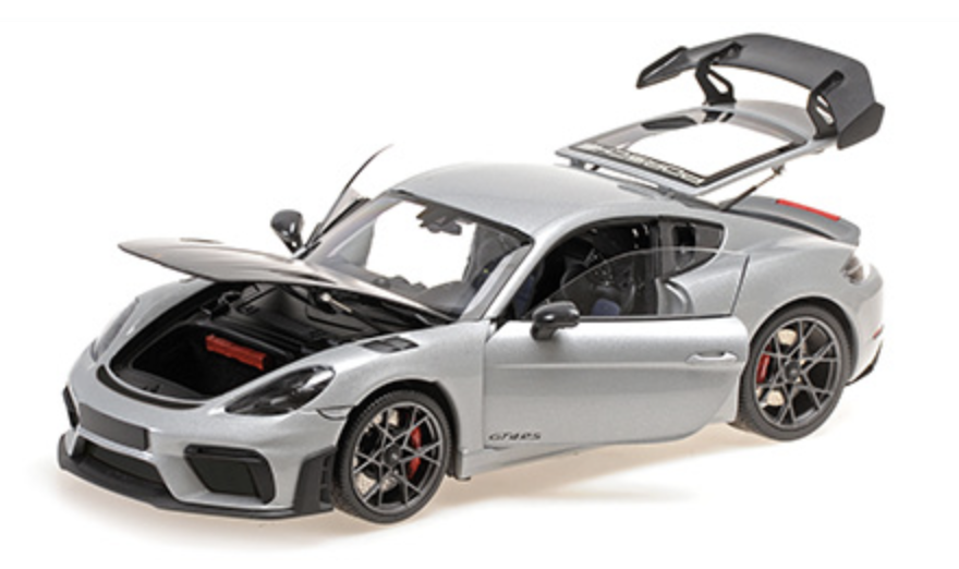 PORSCHE CAYMAN GT4 RS – 2024 -SILVER METALLIC W/ WEISSACH PACKAGE MINICHAMPS 1/18