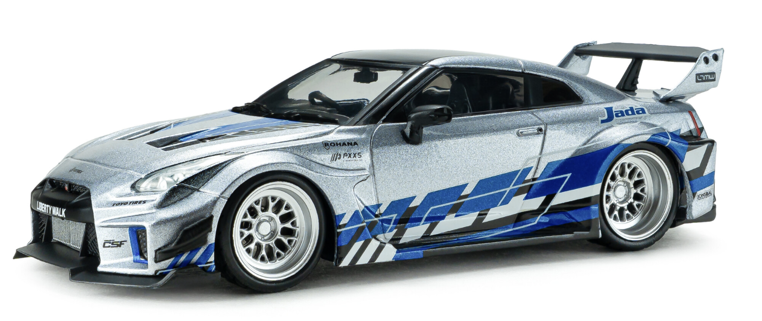 NISSAN GT-R (R35) LIBERTY WALK SILHOUETTE – SILVER AND BLUE STRIPES – 2020 SOLIDO 1/43