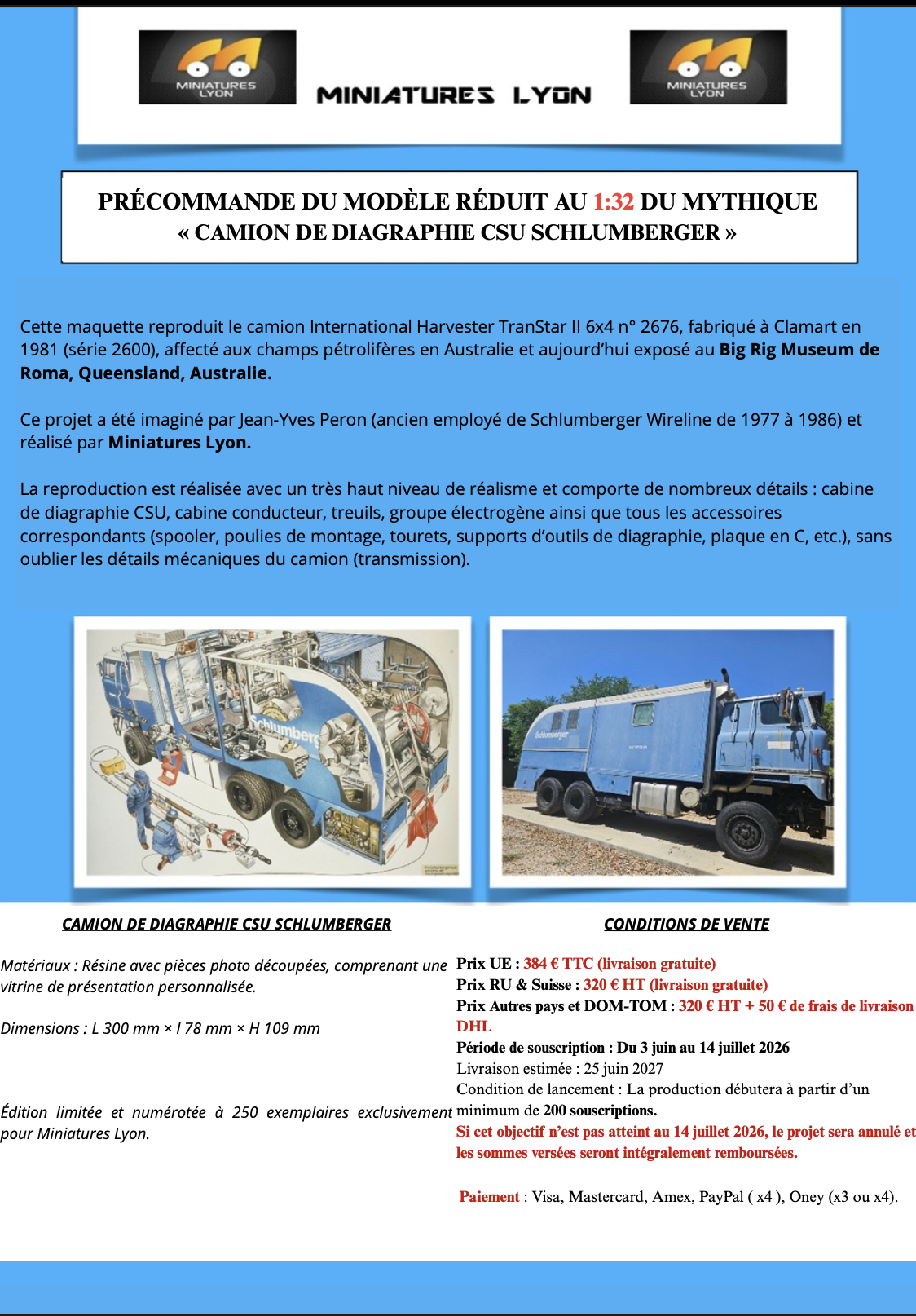 PRÉCOMMANDE DU CAMION SCHLUMBERGER CSU (INTERNATIONAL HARVESTER) MINIATURES LYON 1/32