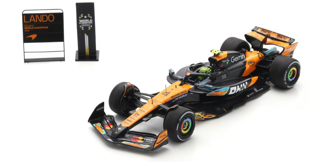 McLaren MCL39 No.4 3rd Abu Dhabi GP 2025 Lando Norris F1 Drivers' World Champion 2025 with bigger base & tyre marks & pit board