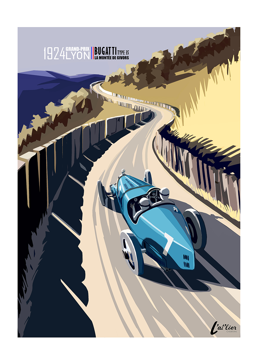 AFFICHE BUGATTI TYPE 35 "LA MONTEE DE GIVORS" 1924 L'AT'LIER CREATIONS